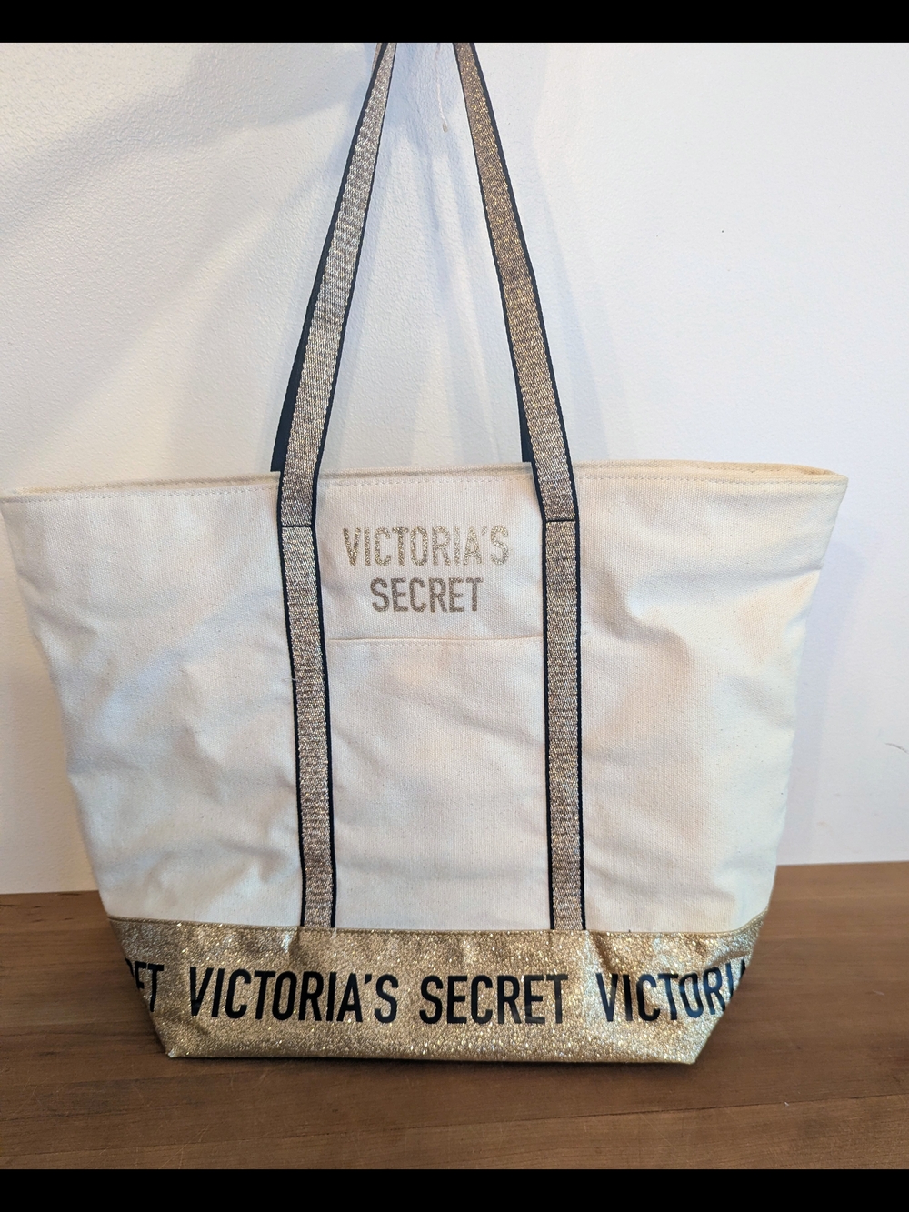 Victoria’s Secret Gold Glitter Canvas Large Tote Bag